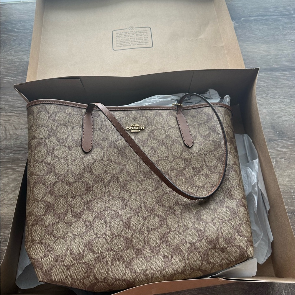Coach Brown Monogram Tote with Leather Trim